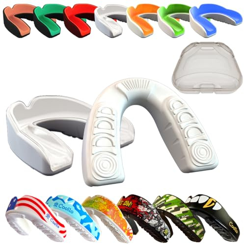COOLLO SPORTS Boil and Bite Mouth Guard (Youth & Adult) DA Custom Fit Sport Mouthpiece for Football, Hockey, Rugby, Lacrosse, Boxing, MMA (Free Case Included!) (Trans. & White, Ages 11 & Above)
