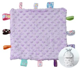 CREVENT Tag Security Blankets for Babies, Soft Small Loveys for Girls, Baby Comforter Sensory Blanket, Great Gifts for Birthday Baby Shower (10X10 Purple Tag)