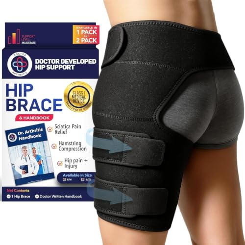 Dr. Arthritis Doctor Developed Strengthening Stabilizing Hip Brace for Men Women,Compression Wrap for Hip Pain,Hips Support Brace,Thigh Supports With Handbook, hamstring brace(LXL, Black)