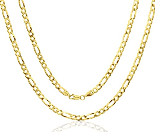 AKA Gioielli® - Collar Hombre Mujer Plata De Ley Esterlina Dorada - Cadena Eslabones Figaro 5mm - 60 cm de largo