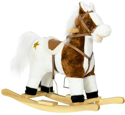 HOMCOM Cavallo a Dondolo per Bambini da 3-6 Anni, Gioco per Bambini Cavalcabile con Suoni in Peluche, 68x26x62cm, Marrone