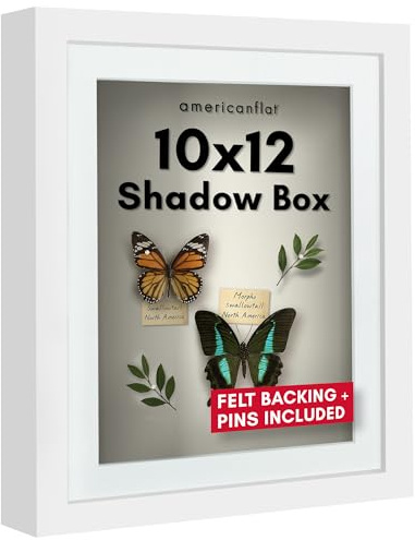 Americanflat 10x12 Shadow Box Frame with Shatter-Resistant Glass - Use as 8x10 Frame with Mat or 10x12 Frame Without Mat - Silhouette Collection - White with Soft Felt Back