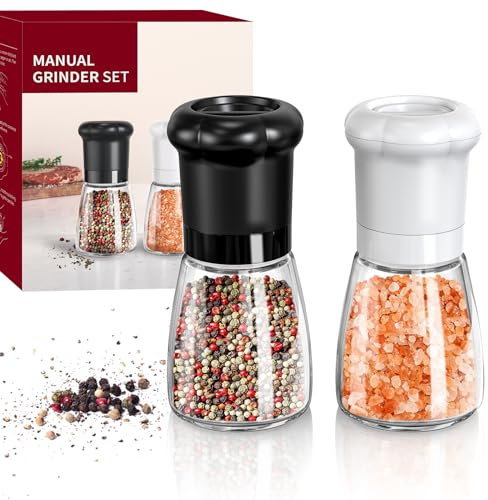 CIRCLE JOY Set Macina Sale e Pepe Manuale per Chef Professionisti, Macinaspezie Set di 2 Pezzi con Lame in Ceramica, Ruvidità Regolabile e Contenitore in Vetro da 180ml senza BPA, Corto Nero Bianco