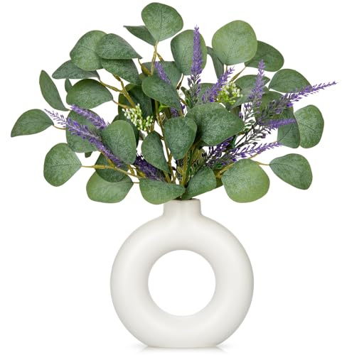 Arborus Flores artificiales de lavanda artificial, eucalipto, decoración de eucalipto artificial en jarrón blanco, rosquilla, jarrón de eucalipto artificial, plantas verdes en jarrón de cerámica, mesa