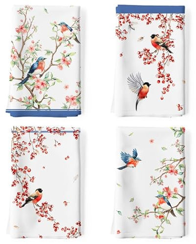 Arquiel Küchentücher Baumwolle 4 Stück, Geschirrtücher 100% Baumwolle Aquarell Blumen und Vögel Küchenhandtuch Set Multi-Purpose Hochwertige Küche Trockentuch Bar Handtücher 50 x 70CM