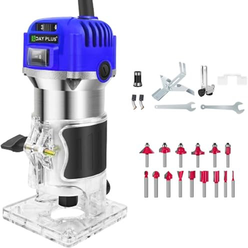 Electric Palm Router Tool, 800W 4000-30000 RPM 6 Variable Speed Wood Router with 15PCS 1/4 Router Bits, Trimmer Base, Wood Trimmer Routers Woodworking, Blue