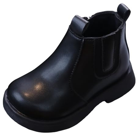 Maeau Bottines pour Enfant Fille Bottes en Cuir Petite Garçon Bottes Courtes Bottes Cheville Brillantes Imperméable Bottes Plates Vernis Noir 30 Chaussures Antidérapant Bottes avec Fermeture Éclair