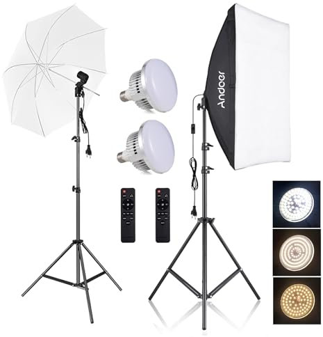 Andoer Kit de iluminación Softbox con 1 softbox de 50 x 70 cm, 2 bombillas de 85 W + 1 pantalla de fotografía de 33 pulgadas + 1 portalámparas E27 + trípode de luz de 2,1 m + 2 mandos a distancia para