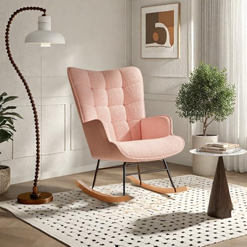 Aneutr Poltrona a dondolo scandinava Rocking Chair con braccioli, superficie in tessuto peluche, poltrona da lettura sedia da allattamento ergonomica per camera da letto, soggiorno, balcone, rosa