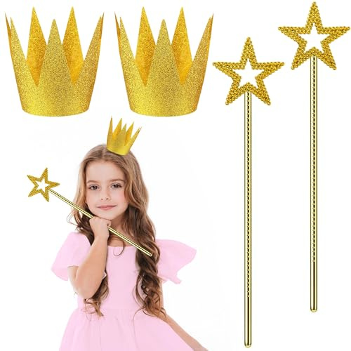 MAOSHYMS Set Halloween Corona e Bacchetta Magica, 4 Pezzi Corone Dorate in Carta e Bacchette per Bambini e Adulti, Accessori Costume per Compleanno, Matrimonio, Carnevale, Festa
