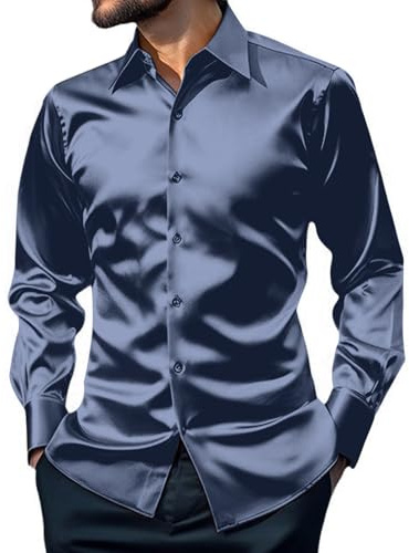 Wirltte Men's Dress Shirt Silk Luxury Long Sleeve Slim Fit Wedding Party Disco Prom Sequin Shirts Navy L