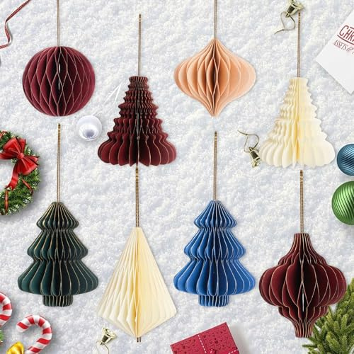 Lot de 8 Décorations de Noël en Papier ND d'abeille,3D en Papier Nid d'abeille Décorations de Sapin de Noël,pour Arbre de Déco