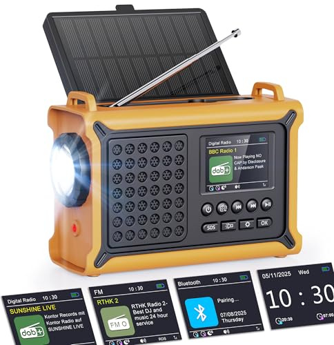 ROCAM Radio Solar Dab+/FM con Bluetooth, Radio de Emergencia 12000mAh con Manivela 650mA y Panel Solar 8500mm², Radio Portátil con Pantalla Color 2,4, 80 Presintonías, SOS, Linterna LED, USB e IPX6