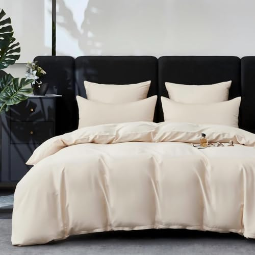 YASMENG Set di Biancheria da Letto in Raso di Cotone Satin 240x260 Beige Chiaro 100% Cotone Satin Biancheria da Letto Morbida e Setosa Traspirante Lyocell Seta Lenzuola per 2 Persone con Cerniera e