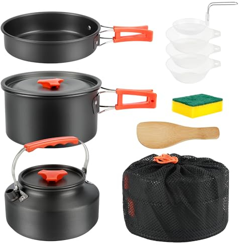 10 PCS Campeggio Pentole Utensili Set, Stoviglie da Campeggio con Pentola Padella Tazza Posate Pieghevoli e Sacchetti per Outdoor Utensili da Cucina da Campeggio