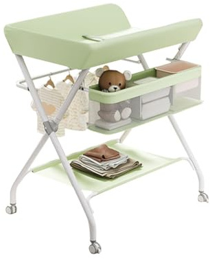 Virimolo Baby Wickelkombi, Klappbare Wickelkommode, Mobil Wickeltisch für Neugeborene und Kleinkinder, Baby Wickelstation mit Rollen bis zu 25 Kg (Grün)