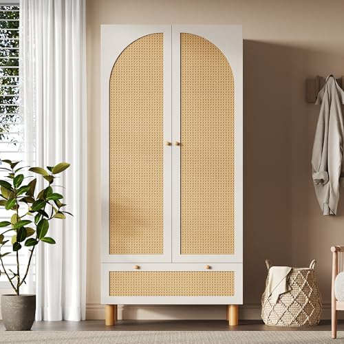 Terahanda Armario con 2 puertas y ratán, estilo rústico, color blanco, con cajón grande, estantes ajustables en altura y barra para ropa, incluye protección antivuelco, 180 x 85 x 52 cm (alto x ancho