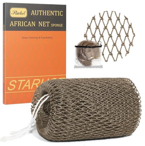 Starhot 1 Pack African Net Sponge Authentic with Knots, Colourfast Exfoliating Body and Back Scrubber Set, Extra Long Quick-Dry Shower Nets with Thick Ropes, Gift Box