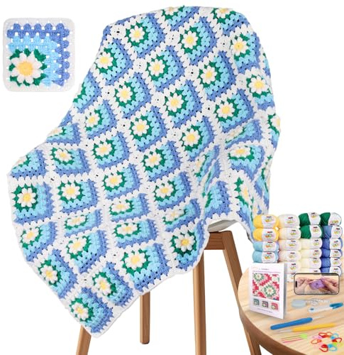 Coopay Granny Square - Set all'uncinetto per principianti, per coperta a margherite 3D, set completo all'uncinetto con uncinetto, filato all'uncinetto, set con istruzioni video passo-passo