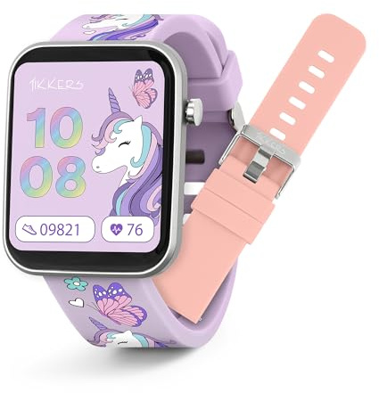 Tikkers Smartwatch per bambini serie 13 Unicorno con Fitness Tracker, sveglia, fotocamera, connessione GPS, cardiofrequenzimetro, contapassi, touch screen, IP68, cinturino intercambiabile in silicone