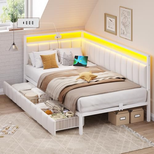DICTAC Sofá Cama 90 x 190 con iluminación LED y Toma USB, Marco de Camas 90 x 190 con somier de láminas de Metal, Cama Banco de Camas con 2 cajones de Almacenamiento para Estudio, Dormitorio, Beige