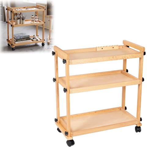 lesolar Art Storage Cart Wooden,3-Tier Rolling Art Cart with Wheels,Multifunctional Solid Beechwood Craft Trolley,Use for Art Supplies Studio Cart Classroom Storage (3-Tier)