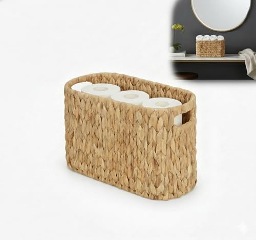 Cesta de jacinto de agua para papel higiénico, almacenamiento de papel higiénico con capacidad de 6 ruedas, asas integradas, cesta estable para baño y aseo de invitados