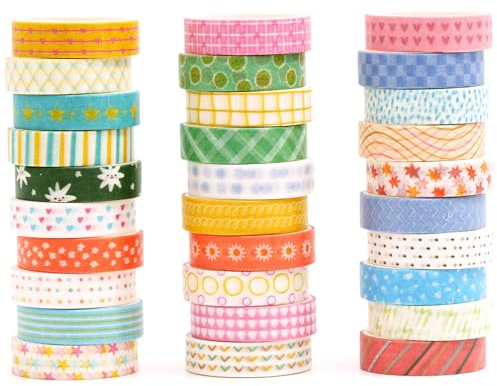 Songdao 30 rullar tunn washi tejpset, skrivbar dekorativ maskeringstejp pysseltejp för bullet journal, scrapbooking, presentförpackning och gör-det-själv-hantverk