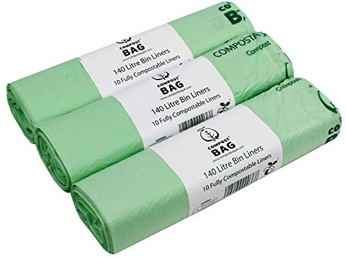 140 Litre x 30 bags Compost Bag Compostable Wheelie Bin Liner - Biodegradeable Sacks/Liners - EN 13432 - Compostable 140L Bags with Composting Guide
