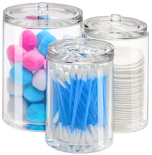 Kovira Qtip Holder Dispenser for Cotton Ball - 3 Joint Compartment Plastic Apothecary Jars for Bathroom Canisters, Vanity Makeup Organizer - Dispenser for Cosmetic, Makeup, Cotton Swabs & Rounds, Buds