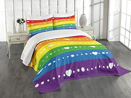 ABAKUHAUS Regenbogen Tagesdecke Set, Homosexuell Pride Flag Dots, Set mit Kissenbezügen Waschbar, für Doppelbetten 220 x 220 cm, Grün Gelb