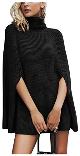 Poncho Col Roulé en Laine Femme Cape Tricoté au Crochet Pull Ample Grosse Maille Manteau Automne Hiver Blouse Manche Chauve Souris Chandail oversize Haut Cachemire Chemise Uni Baggy Jumper Top Sweater