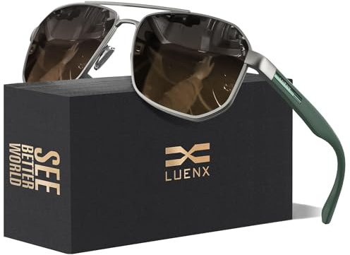 LUENX Aviator Sunglasses for Men Square Polarized Polygon Lens - UV 400 Protection with Accessories Driving Outdoor 61MM Gradient Black Brown Lens
