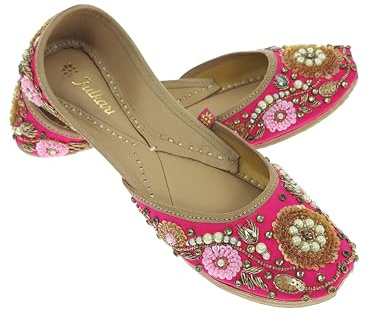 Fulkari Women's Bergenia Magenta Gold Genuine Soft Leather Embroidered Jutis | Bite and Pinch Free Jutti | Punjabi Formal Juttis | Girl's Wedding Flat Ladies Mojari | Formal Ethnic Juti |39