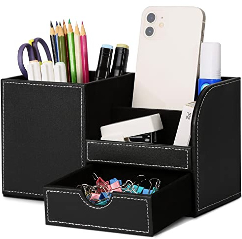 GORESE Organisateur de Bureau, Rangement de Bureau en Cuir Pot à Crayons Porte-Stylo Peu Encombrant, 4 Compartiments de Stylos, Agrafeuses, Dossiers, Notes Autocollantes, Téléphones(Noir 1)