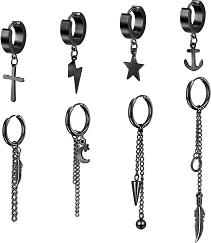 8 Pieces Hoop Dangle Earrings Stainless Steel Dangle Folding Hoop Earrings Long Chain Pendant Kpop Earrings Hanging Earrings with Chain Punk Gothic Cross Kpop Earrings