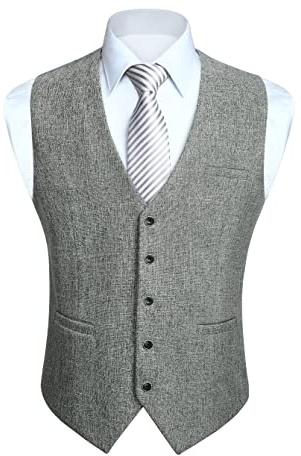 HISDERN Chalecos Gris Claro Hombre de Vestir Boda Elegantes Formal Clásico Chaleco Traje Hombre de Algodón Casual Con Bolsillos de Fiesta L