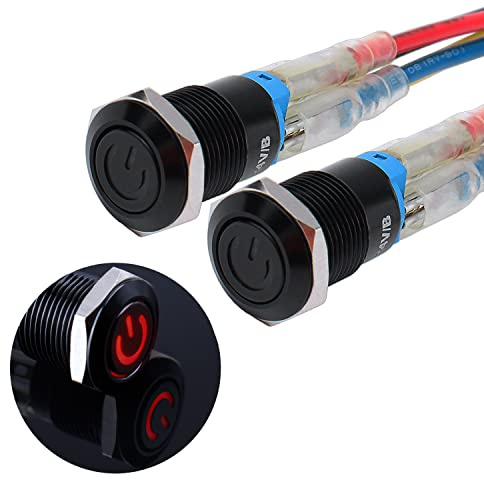 JIQI 2 × 12 mm Interruttore a pulsante impermeabile a scatto da 12 V a 24 V 2 A IP66 1NO Pulsante a scatto con simbolo di alimentazione LED Interruttore a pulsante ON/OFF in metallo nero (rosso)