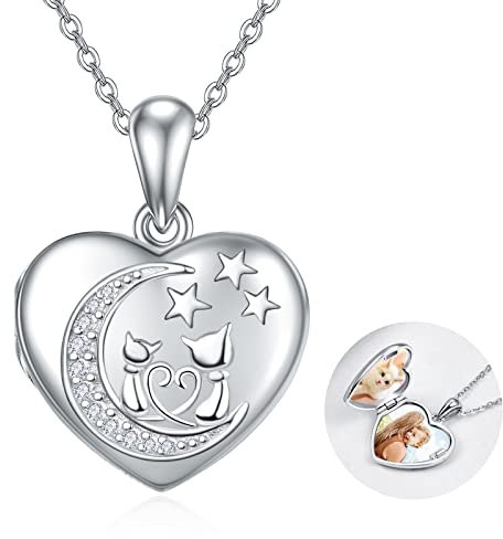 TANGPOET Collier médaillon lune chat personnalisé cœur photo souvenir bijoux argent sterling