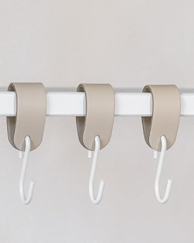 Metallbude Kleiderhaken S-HAKEN - 3er Set in Beige/Weiß - Modernes Design - Garderobenhaken aus Hochwertiger Lederschlaufe & Stahl - 10 cm