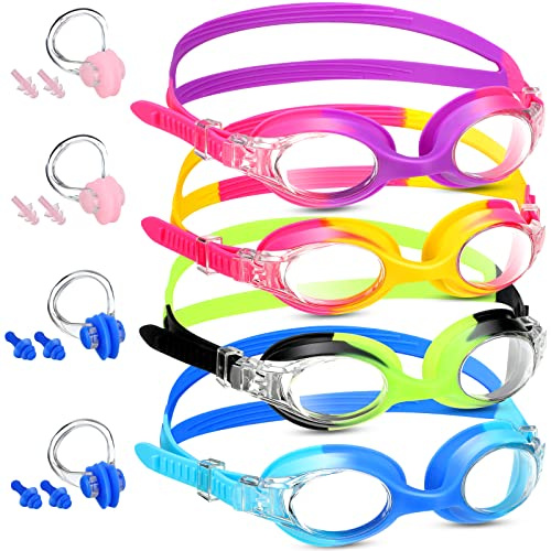 Meooeck 4 Pairs Kids Swim Goggles Anti Fog Multipack Clear Swimming Goggles with Nose Clip Earplug for Girls Boys Pool Gift(Assorted Color)