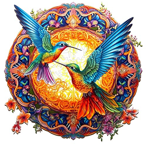blumuze Puzzle in legno per adulti, Mandala Hunmmingbird 2 puzzle in legno a forma di animale, puzzle in legno per adulti con confezione regalo in legno, 200 pezzi (M-11,8 x 11,8 in)