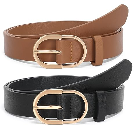 JASGOOD 2 Pack Women’s Leather Belts for Jeans Pants Fashion Ladies Belt with Silver Buckle, I-Black+Brown