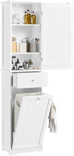 Yaheetech Armario de de Baño Alto Mueble Auxiliar de Baño 45x30x180 cm Armario Estrecho con 1 Armario Cerrado de 3 Estantes Ajustables 1 Cajón y 1 Cesta de Lavandería Blanco