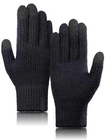 TRENDOUX Winterhandschuhe Herren Damen: Verdickt Thermo Unisex Touchscreen Handschuhe, Warme Merino Wolle Gefütterte Thermohandschuhe Winter, Flauschige Handschuhe Zum Laufsport, Wandern - Schwarz M