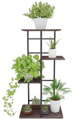 YUKOOL 4 Etagen Pflanzenständer, Metall Holz Blumenhocker Blumentreppe Blumenregal, stöckige Blumentreppe, Pflanzenständer mit Kippschutz, Draußen Deko Wohnzimmer Balkon