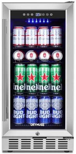 ORYMUSE 15 Inch Beverage Refrigerator, 130 Can Capacity Under Counter Fridge with Lock & Glass Door, Quiet Built-in or Freestanding Beer Cooler, Powerful Compressor for Fast Cooling