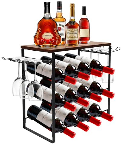 CASDUCT Weinregal für 12 Flaschen,Klein Flaschenregal Lagerung Halter, 62（40） L x 21B x 41H(cm), Vintage Weinständer Metall-Holz für Keller, Bar und Lagerraum,Weinregal mit 3 Ebenen,Braun-Schwarz