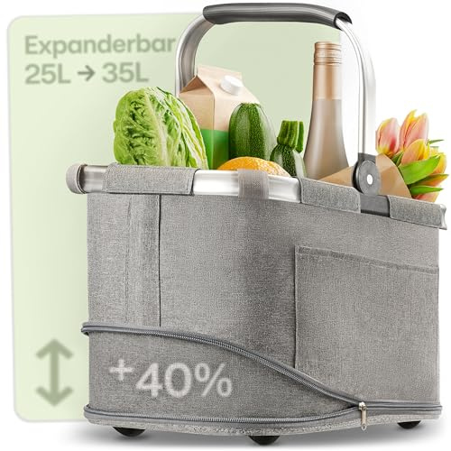 Praknu Hopfällbar Shoppingkorg Stor – 2 i 1 Utbyggbar från 25L till 35L – Tvättbart Tyg – Stabil med Aluminiumram & Förstärkt Botten – Extra Fickor invändigt & utvändigt – Grå