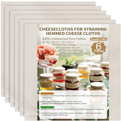 6PCS Cheese Cloths for Straining, 50 x 50 cm Grade 100 Muslin Cloths for Cooking, Unbleached Cheesecloth for Butter, Juice, Tea, Coffee, Filtering Nut Milk